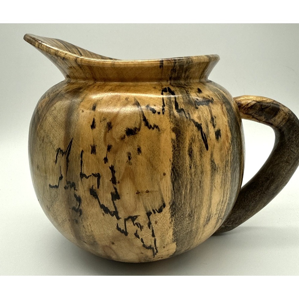 Hand Turned Wooden Pitcher Lightweight Round Folk Art Rustic Glossy Medium Color